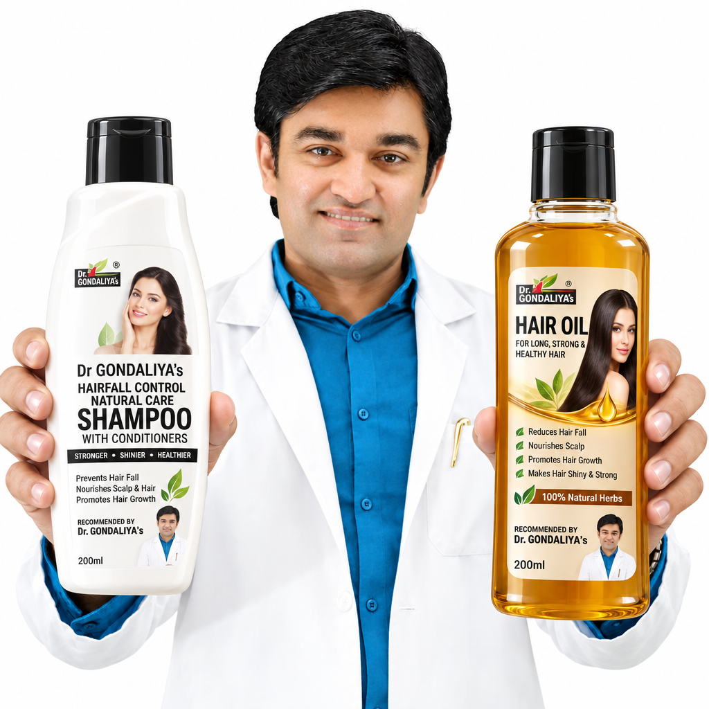 A man in a white lab coat and blue shirt holds up two bottles of hair care products against a solid white background.