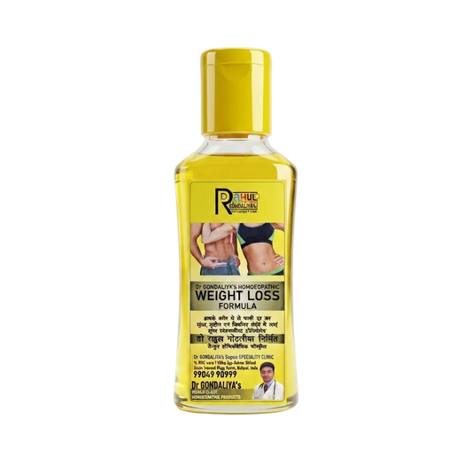A bottle of Dr. Sondaliya's Weight Loss Formula, featuring a bright yellow cap and a yellow label with images of slimmed-down women and a doctor, set against a plain light gray background.