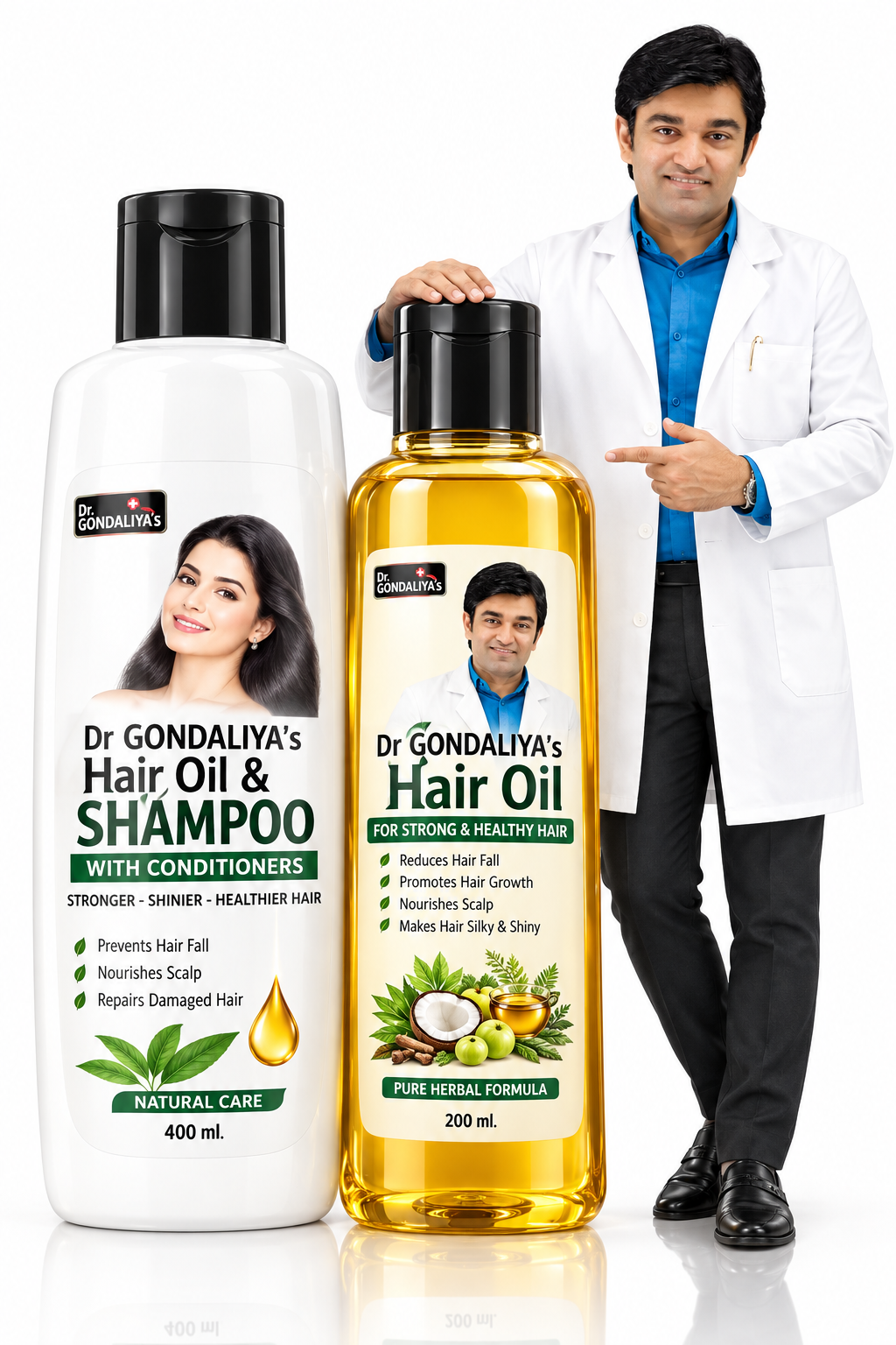 A man in a white lab coat and blue shirt holds up two bottles of hair care products against a solid white background.