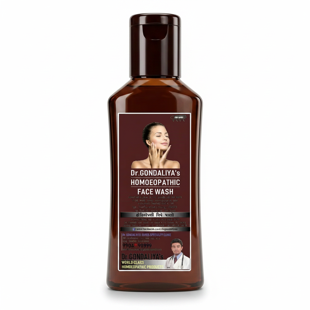 A bottle of Dr. Gondaliya's Homeopathic Face Wash, featuring an amber brown translucent bottle with a dark brown cap and a maroon label, set against a plain white background.