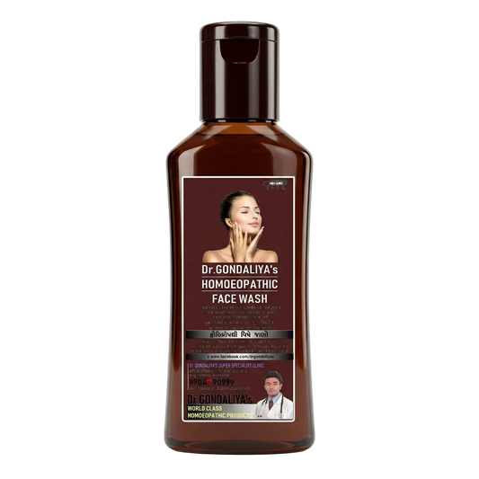 A bottle of Dr. Gondaliya's Homeopathic Face Wash, featuring an amber brown translucent bottle with a dark brown cap and a maroon label, set against a plain white background.
