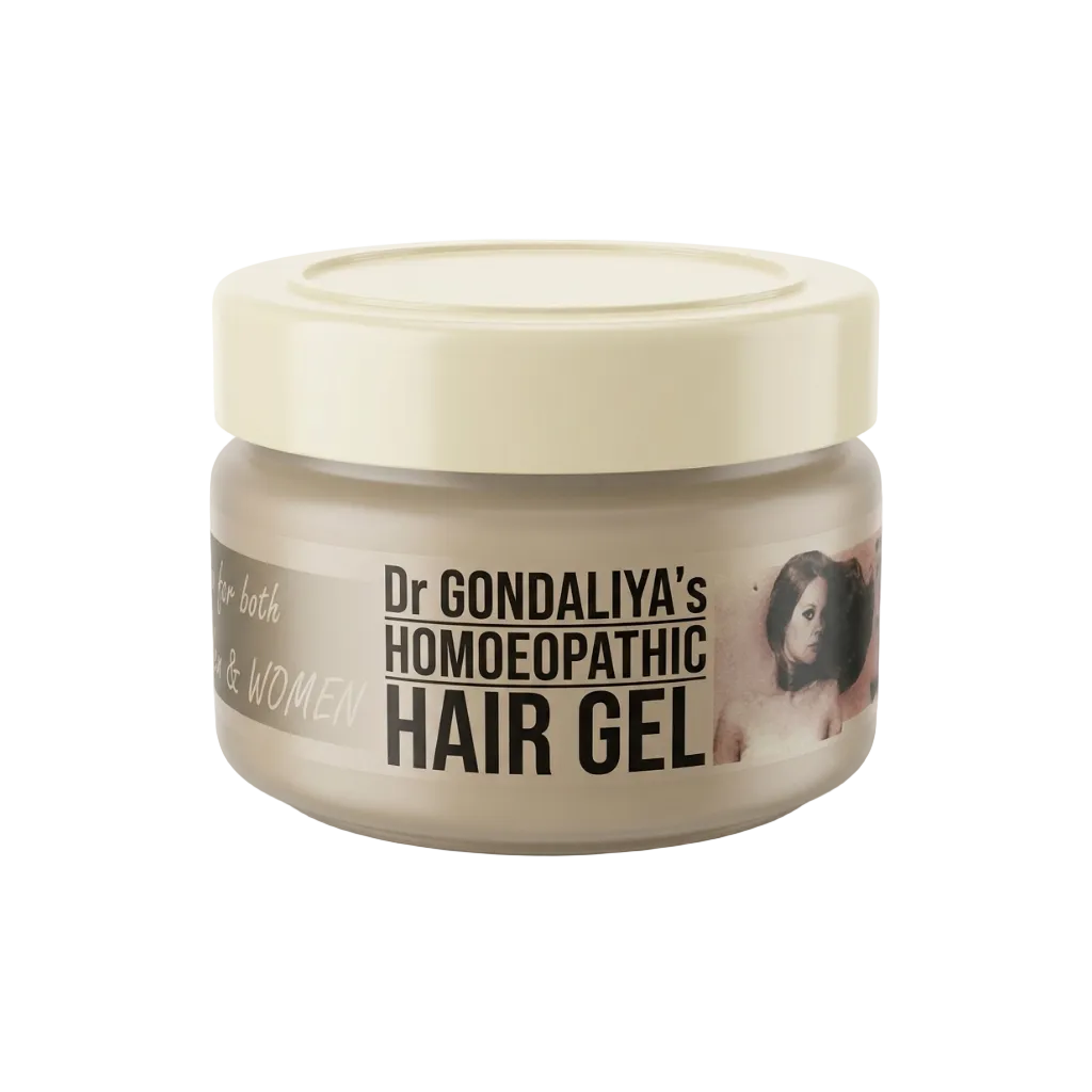 A jar of Dr Gondaliya's Homoeopathic Hair Gel on a plain white background. The product is in a frosted beige jar with a cream-colored lid, featuring a label with black text and a vintage-style portrait.