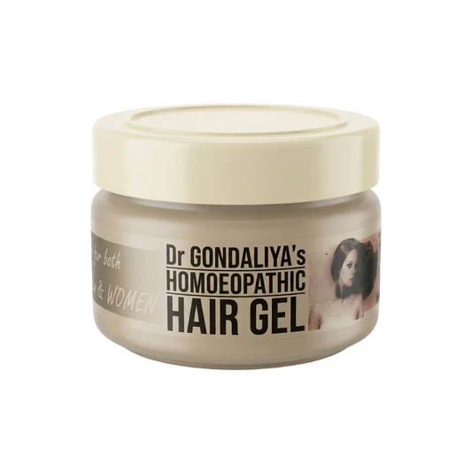 A jar of Dr Gondaliya's Homoeopathic Hair Gel on a plain white background. The product is in a frosted beige jar with a cream-colored lid, featuring a label with black text and a vintage-style portrait.