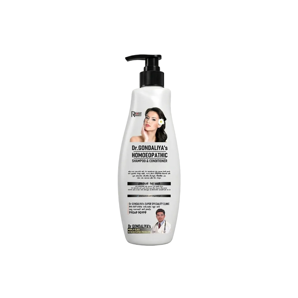 A white plastic pump bottle of Dr. Gondaliya's Homoeopathic Shampoo & Conditioner with a black dispenser, set against a solid gray background.