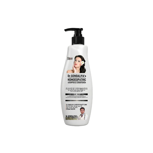 A white plastic pump bottle of Dr. Gondaliya's Homoeopathic Shampoo & Conditioner with a black dispenser, set against a solid gray background.