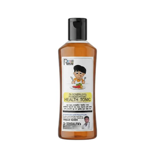 A bottle of Dr. Bondaliya's Health Tonic with amber-colored liquid inside, a black flip-top cap, and a white label featuring cartoon graphics and text, set against a plain light gray background.