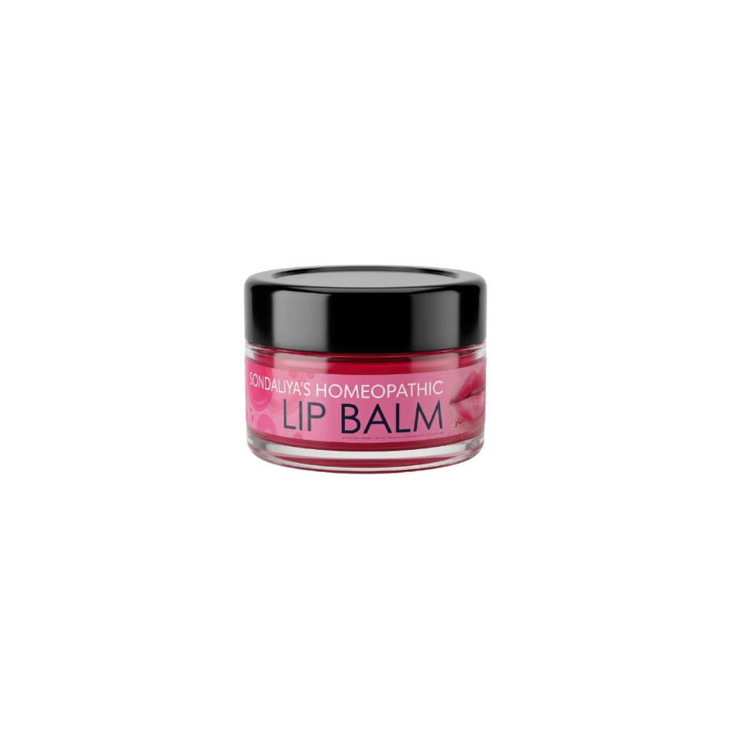 A jar of Sondaliya's Homeopathic Lip Balm with a black lid and a pink label, shown on a clean white background.