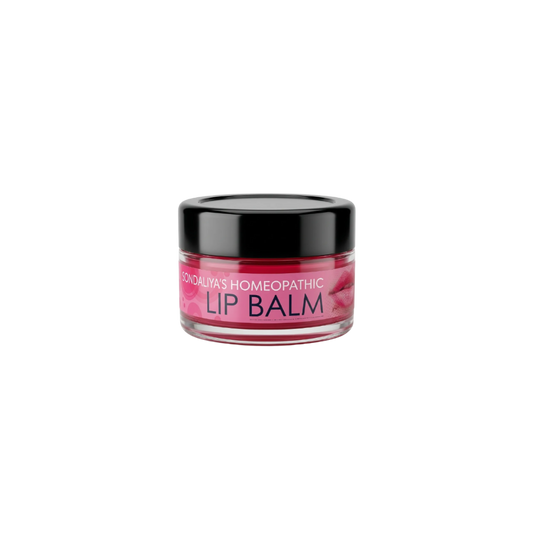 A jar of Sondaliya's Homeopathic Lip Balm with a black lid and a pink label, shown on a clean white background.