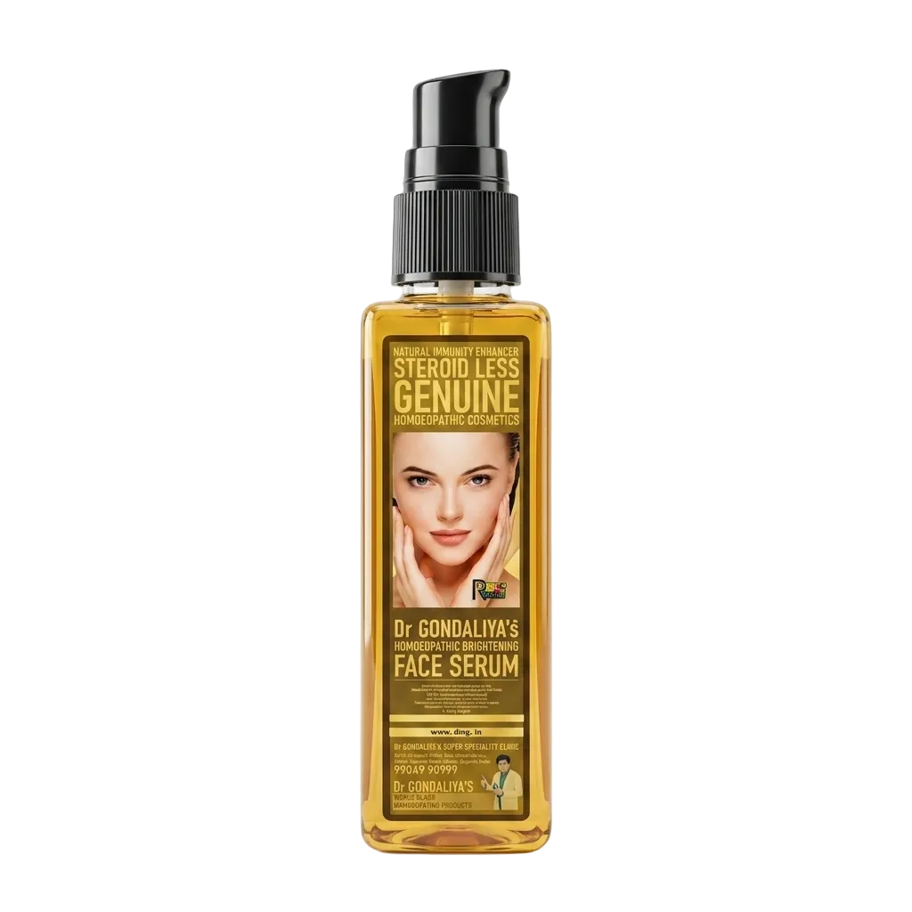 A bottle of Dr. Gondaliya's Steroid Less Genuine Face Serum with a black pump dispenser and a gold label featuring a model's face, set against a plain white background.